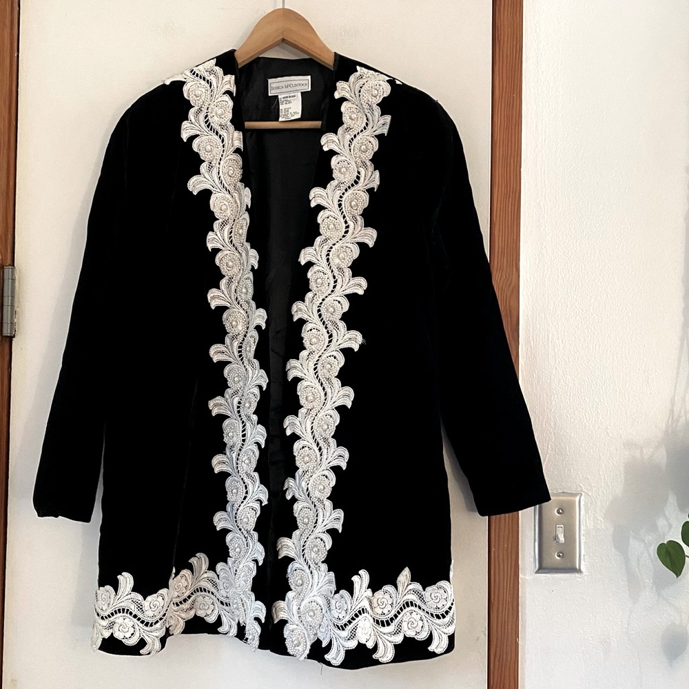 Jessica McClintock black velvet with pearl and lace flair bedazzle blazer